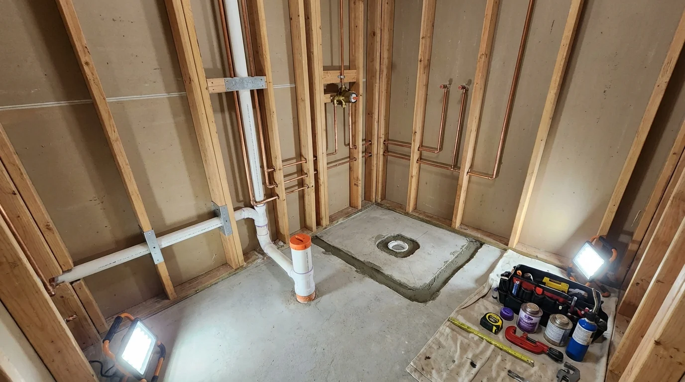 Bathroom rough-in plumbing during remodel by Johns Plumbing LLC in Hill