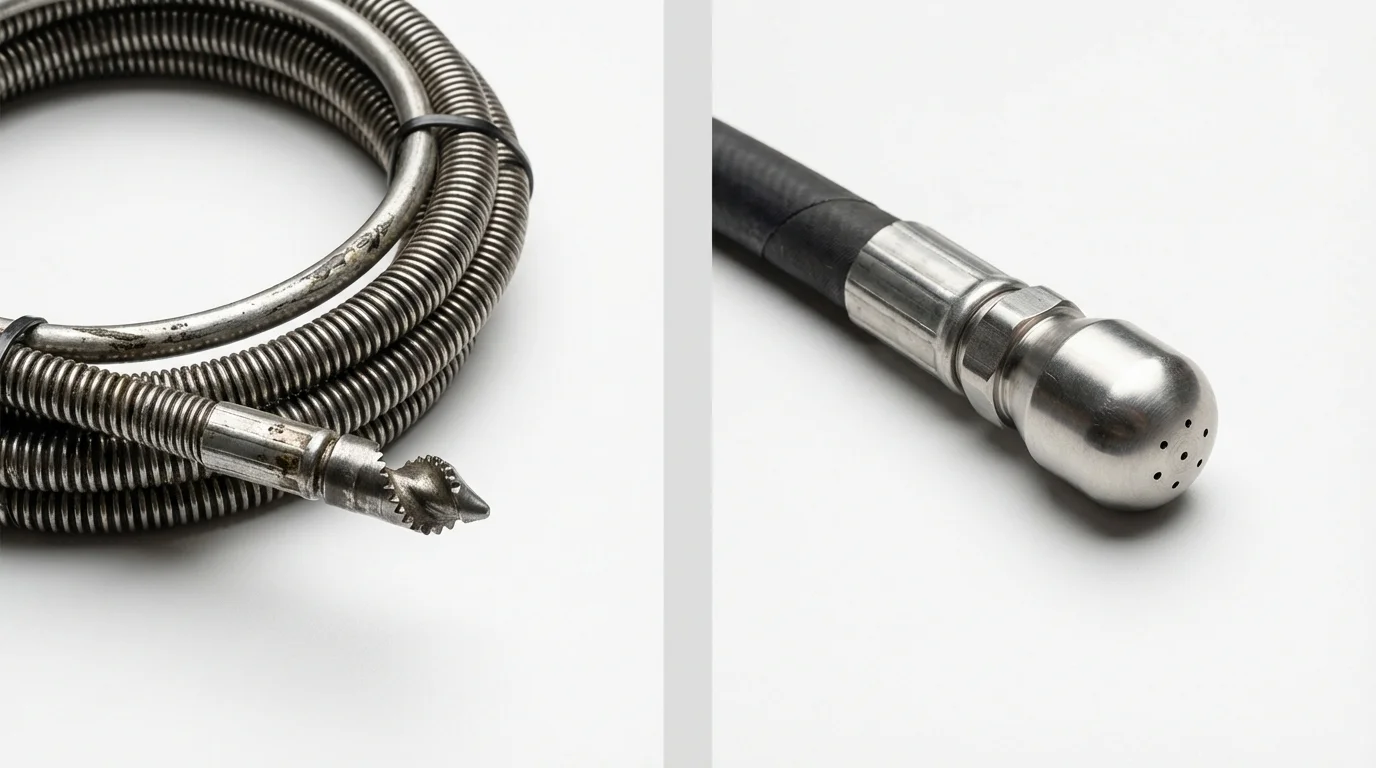 Drain snake cable and hydro jetting nozzle used for drain cleaning in Hill, NH