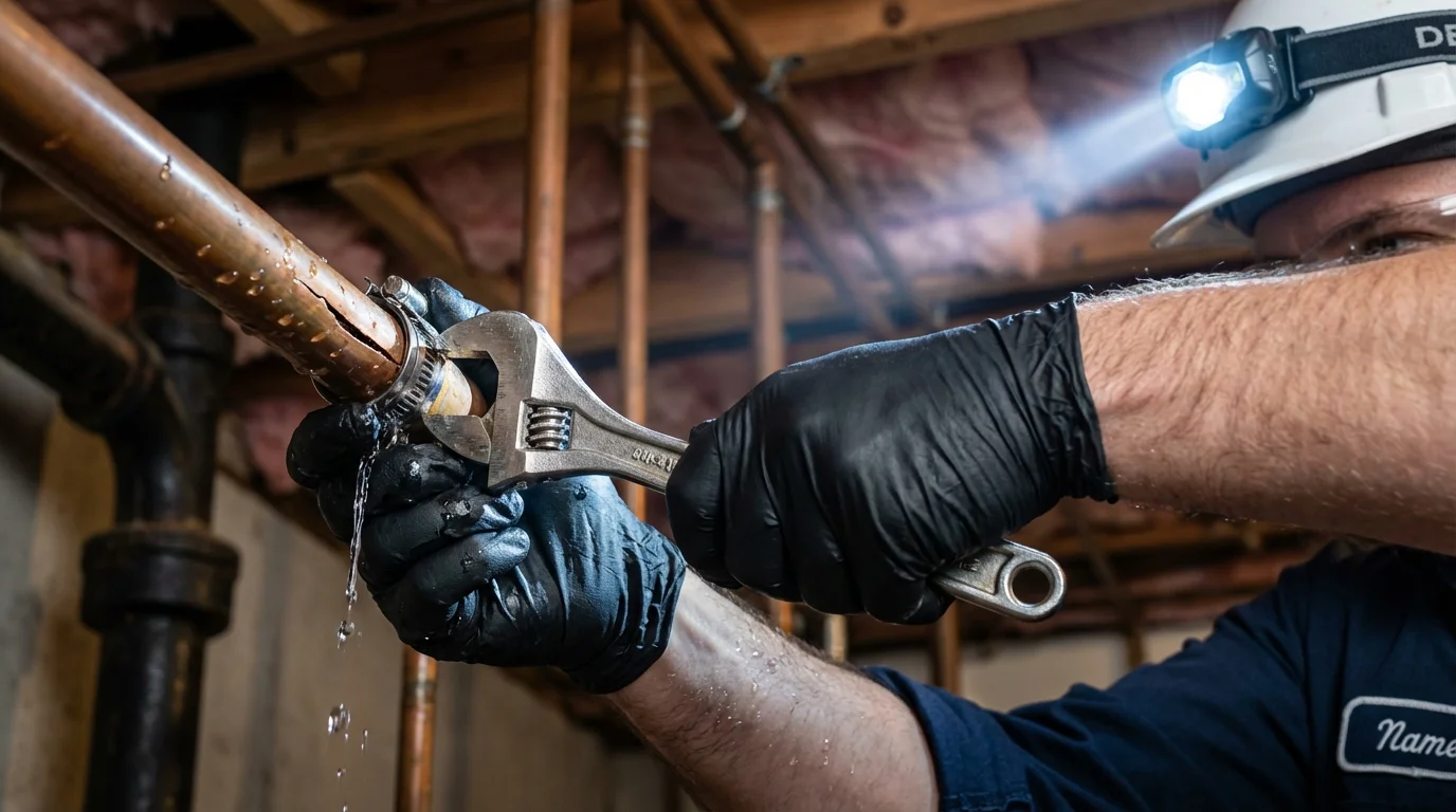 Emergency pipe clamp repair being performed by a Johns Plumbing LLC plumber in Hill
