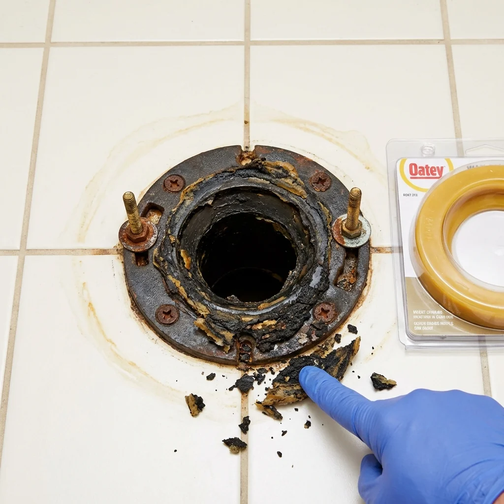 Failed wax ring showing water seepage at the base of a toilet in a Hill, NH home