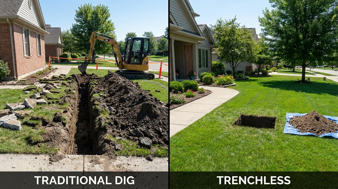 Trenchless sewer repair with minimal yard damage versus traditional excavation in Hill, NH