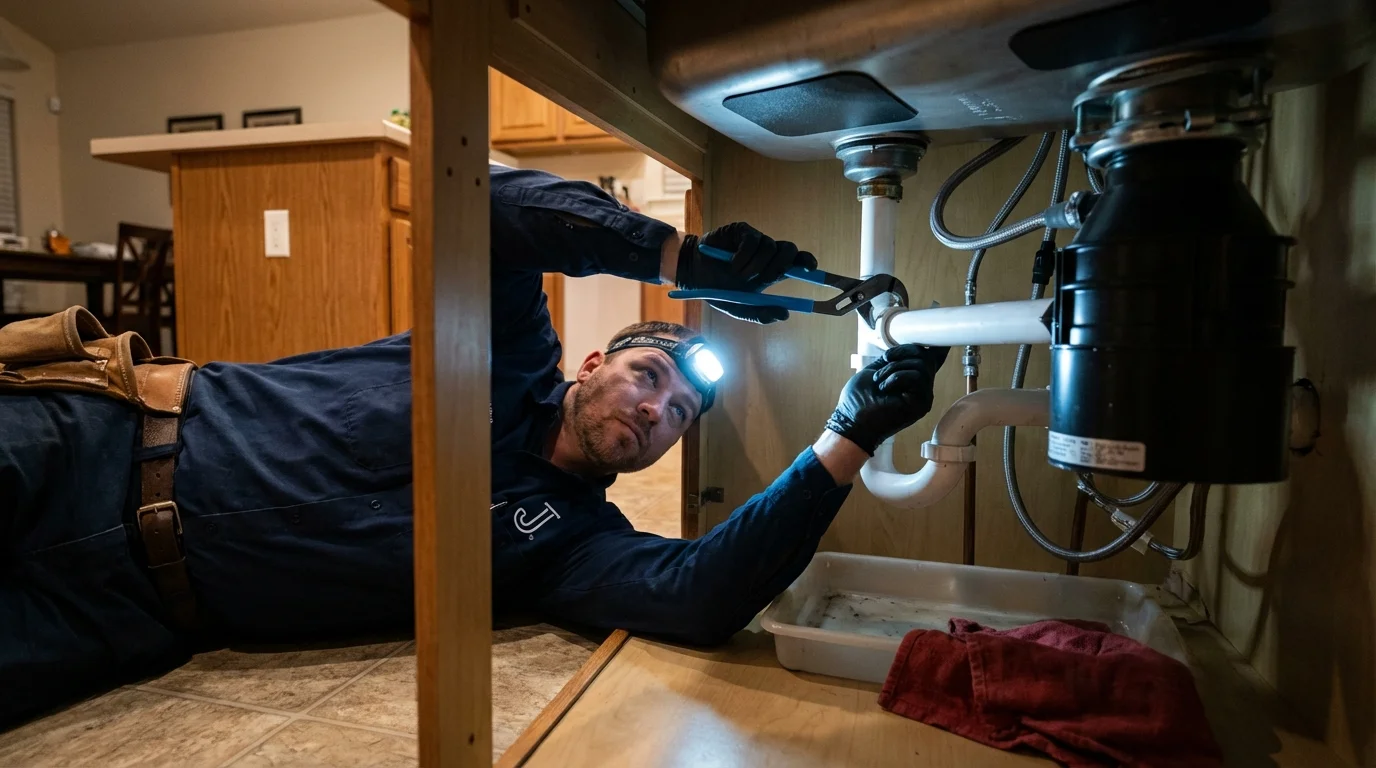 P-trap and supply line connections under a kitchen sink showing a common leak point in Hill, NH